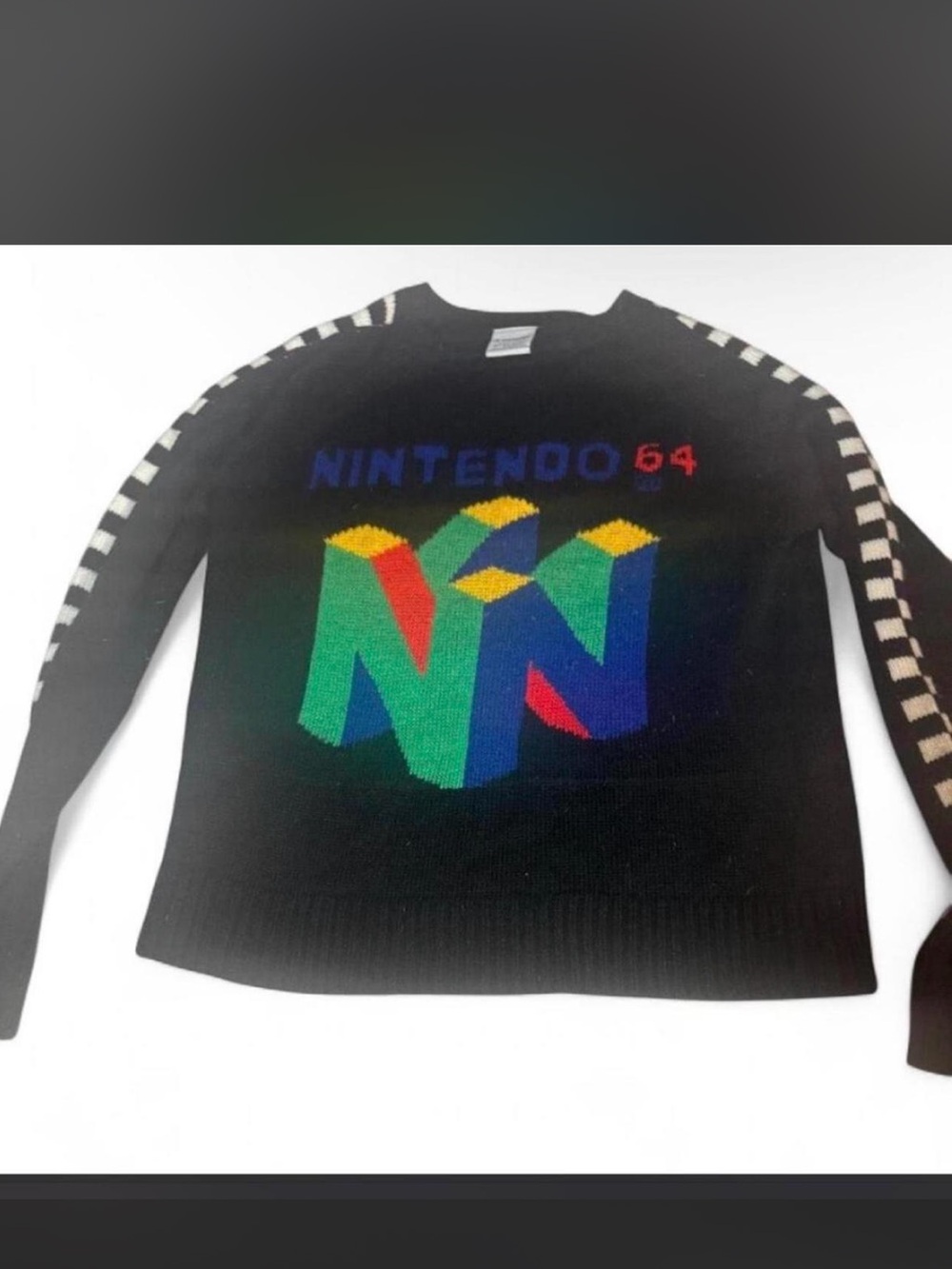 Nintendo Black Sweater with Multicolor N64 Logo and Checkerboard Sleeves